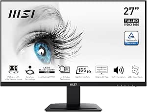 MSI Pro MP273A Écran Bureautique 27" Full HD - Dalle IPS 1920x1080, 100Hz, Confort Oculaire, Montage VESA, Haut-Parleurs Intégrés, Display Kit - HDMI 1.4b, DisplayPort 1.2a, D-Sub/VGA