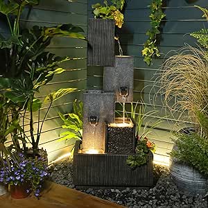 Outdoor Water Fountain Garden Waterfall - Large 4-Tier Modern Patio Fountains Water Feature Planter with LED Lights for Backyard Deck, Porch, Pool, Outside, Gray, 3.5ft Tall