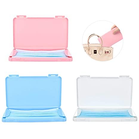 MoKo Face Cover Storage Box 3 Pack, Reusable Mask Organizer Container Portable Plastic Storage Case for Face Cover Mask Carrier Portable Face Covers Clip Folder Keeper - Pink & Blue & White