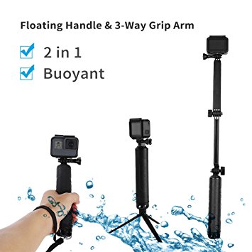 TELESIN Waterproof Selfie Stick - Floating Handle Floaty Hand Grip and 3-Way Grip Arm Monopod Telescopic Pole Tripod Mount 2 in 1 for GoPro Hero 6 5 4 3 2, SJCAM, Xiaomi Yi 4K 4K