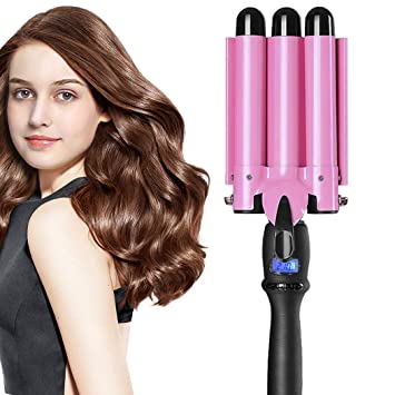 3 Barrel Curling Iron Wand Hair Crimper with LCD Temperature Display - 1 Inch Ceramic Tourmaline Triple Barrel Dual Voltage Hair Waving Styling Tools (Light Pink)