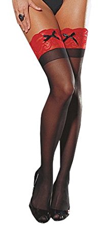 Dreamgirl Women's Sheer Thigh-High Stockings with Contrast Lace and Bow
