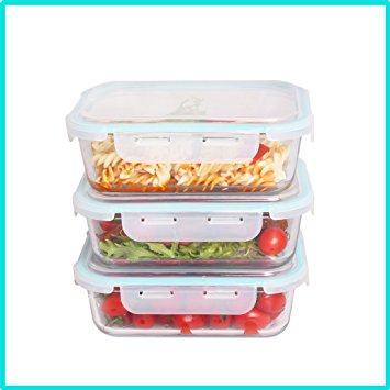 Sunspeed Glass Food Storage Container Set - Borosilicate Glass Container with Snap Locking Lids - Airtight, BPA Free,Microwave,Freezer & Oven,Dishwasher safe [3-Pack,35.5 oz, Rectangle]