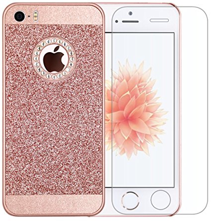 Iphone SE Case, A-Focus Bling Sparkle Glitter Crystal Rhinestone Hybrid Hard PC Cover Case   Tempered Glass Screen Protector for Iphone 5s / SE / 5 (Bling Rose Gold)