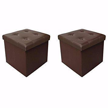 Otto & Ben [2 Piece Set] 15 inch Button Design Memory foam Seat Folding Storage Ottoman Bench with Faux Leather, Brown