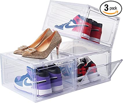 DEZENE Shoe Boxes Clear Plastic Stackable: 3 Pack Large Stackable Storage Clear Plastic Shoe Organizer Containers for Closet, Drop Front Shoe Bins for Display Sneakers, Fit Shoe Size Up to US Men 12