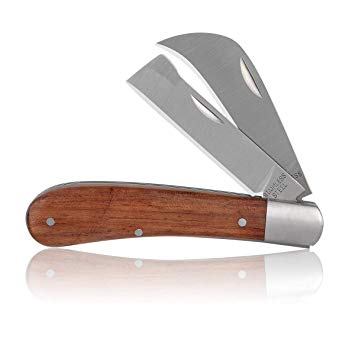 Linsen-Outdoors Garden knife and Grafting Knife with double blade for Left & Right Handed Use,The classic design with confort rosewood handle and Stainless Steel Sharp balde