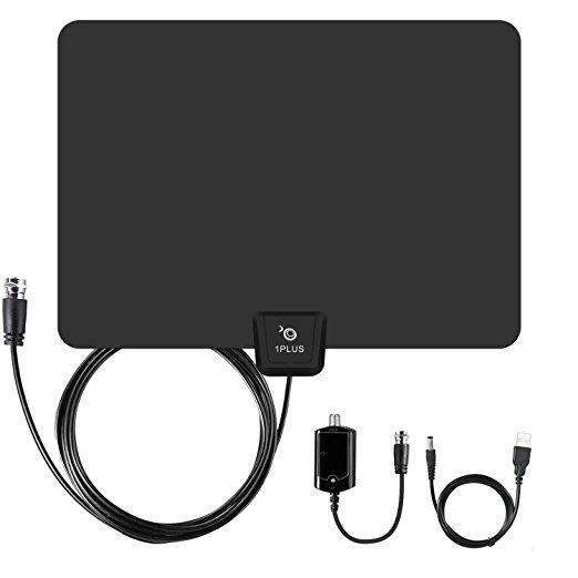 1PLUS 50 Miles Range Digtial Amplified TV Antenna with Detachable Amplifier, HDTV Indoor Antenna for High Reception-10ft Coax Cable