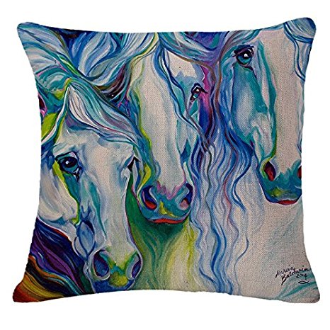 Oil Painting Horse Hand Painted Throw Pillow Case Cotton Blend Linen Cushion Cover Sofa Decorative Square 18 Inches(5)