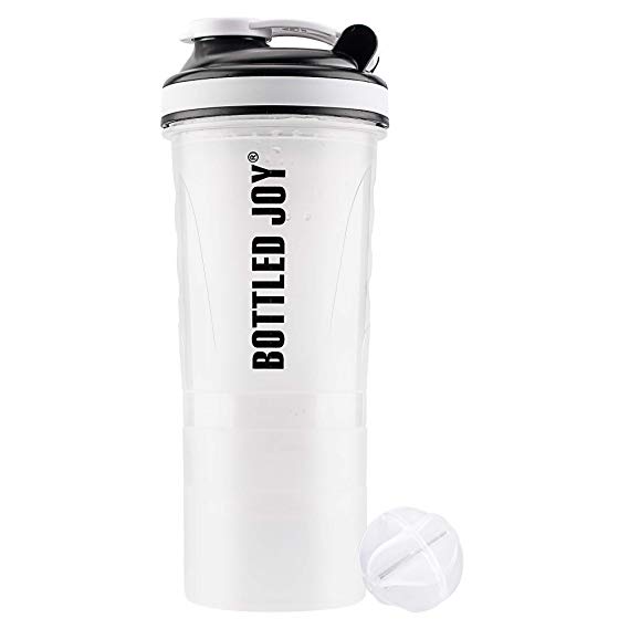 BOTTLED JOY Protein Shaker Bottle with 3-Layer Twist and Lock Storage, 100% BPA-Free Leak Proof SportMixer Fitness Sports Nutrition Supplements Non-slip Mix Shake Bottle 20oz 600ml (Clear)