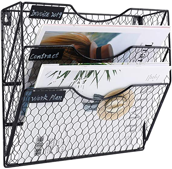PAG Wall File Holder Hanging Mail Organizer Metal Chicken Wire Wall Mount Magazine Rack, 3-Tier, Black