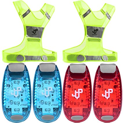 ONE DAY SALE !!! LED Safety Light and Reflective Vest Set (4-Pack with Clip and 3 BONUSES), Running Light, Running Vest suitable for Jogging, Cycling, Biking, Dog Walking, Strobe Light, Waterproof
