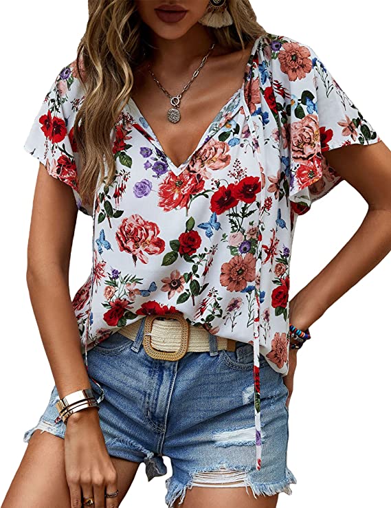 Milumia Women's Boho Floral Print Tie V Neck Ruffle Sleeve Work Summer Blouse Tops