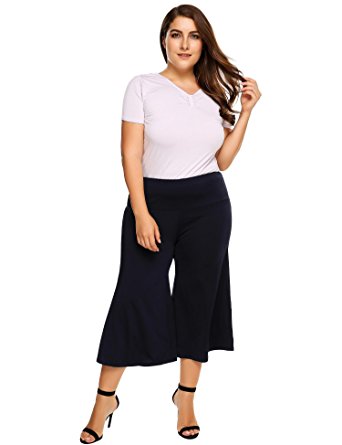 IN'VOLAND Womens Plus Size Flared Wide Leg Capri Palazzo Pants Ladies Knit Culottes Pants Beach Bottoms Trousers