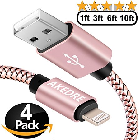 Lightning Cable, AKEDRE 4Pack [10FT 6.6FT 3.3FT 1FT] Nylon Braided USB Charging & Syncing Cord Charger for iPhone 8 8Plus 7Plus 7 6S Plus 6 Plus SE 5S 5C 5, iPad 2 3 4 Mini, iPad Pro Air, iPod (Pink)
