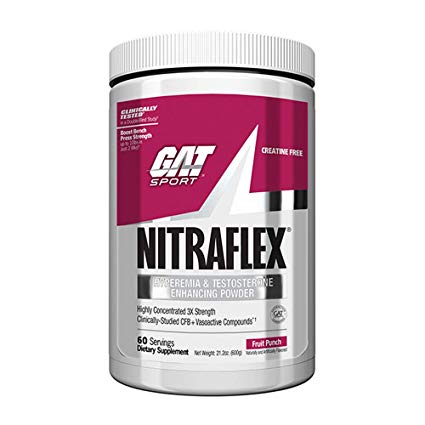 GAT - NITRAFLEX - Testosterone Enhancing Powder, Increases Blood Flow, Boosts Strength and Energy, Improves Exercise Performance, Creatine-Free (Fruit Punch, 60 Servings) 600 Grams