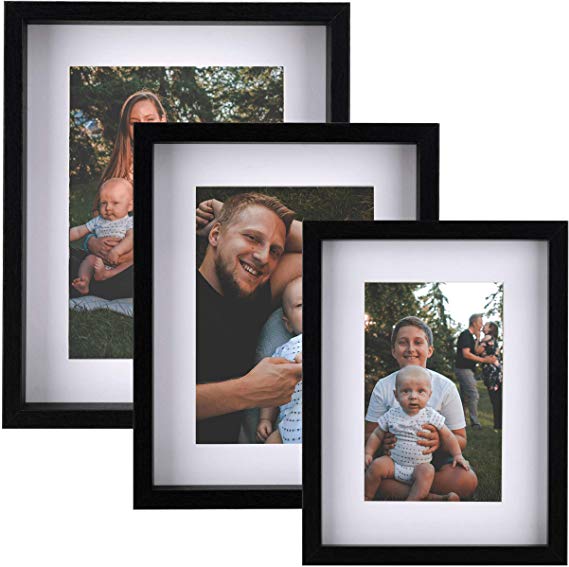 Picture Frames Black Collage Set of 3 – Display Pictures 4x6, 5x7 & 6x8 with Mat or 6x8, 7x9 & 8x10 without Mat – Wood Tabletop & Wall Mount Photo Frames Set for Kitchen Gallery Wall Decor