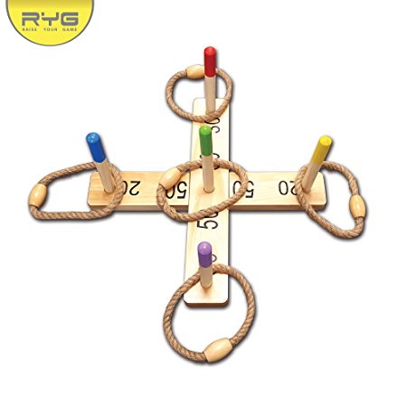 RYG Wooden Ring Toss Game Set, Durable Wood Base, 5 Wood Pegs 5 Rope Rings, Portable Indoor And Outdoor Family Quoits Games, Suitable For Kids & Adult
