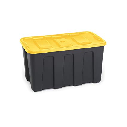 Homz 34 Gallon Durabilt LLDPE Heavy Duty Storage Container, Black Base, Yellow Lid, 4-Pack