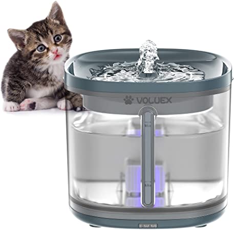 Cat Water Fountain, VOLUEX 2.3L Pet Water Dispenser with LED, Dog/Kitty Automatic Drinking Water Fountain with Filters, Whisper Quiet Water Bowl, Battery Operated, with Charging Base