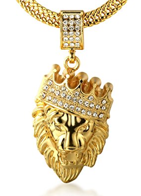 Halukakah "KINGS LANDING" Men's 18k Real Gold Plated Crown Lion Pendant Necklace with FREE SharkTail Chain 30"