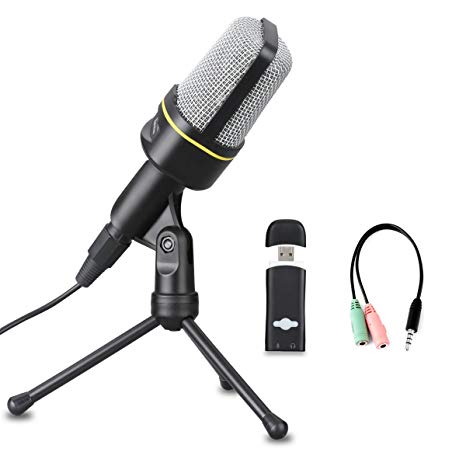 Excelvan Condenser Microphone Black SF-920 3.5mm Desktop Microphone with Volume Control and Tripod Stand Broadcasting Recording Podcasting Studio Mic for Mobile Phones, Laptops, Desktop （Black）