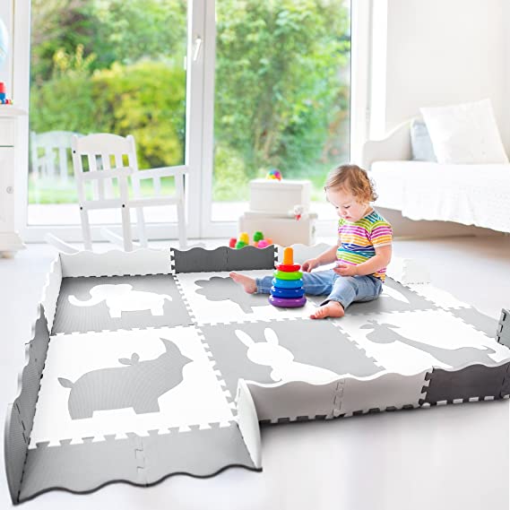 Baby Play Mat with Large Interlocking Foam Floor Tiles. Grey and White Non Toxic Playmat for Baby, Toddler or Kids. Neutral for Nursery, Playroom or Living Room.