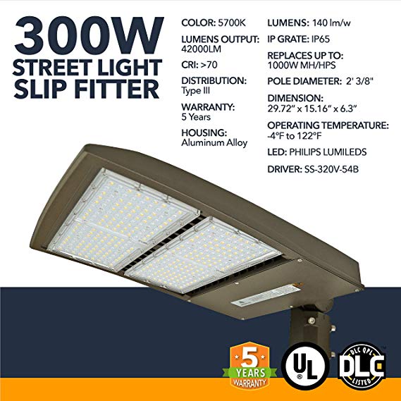 LED DLC Street Lighting with Shorting Cap - 300W - Outdoor LED Street Lights, 42000 Lumens - Commercial or Residential Area Pathway Security Lights - 5 Year Warranty - 5700K
