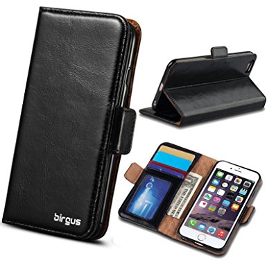 birgus iPhone 6 Plus Leather Wallet Case [ Genuine Leather ] for Apple iPhone 6/6S Plus 5.5" with Folio Stand Functions (Black)