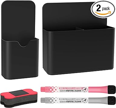 MoKo Magneitc Dry Erase Marker Holder, 2-Piece Magnetic Marker Pencil Pen Holder Cup Organizer for Metal & Magnetic surface, Includes 2 Marker and 1 Dry Erase, Black