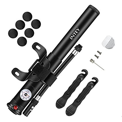 INTEY Portable Bike Pump With Cycling Accessories Tire Repair Kit - 210 PSI - Fits Presta & Schrader