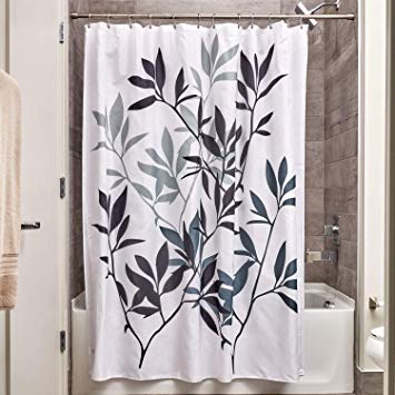 InterDesign Leaves Fabric Shower Curtain, Modern Mildew-Resistant Bath Liner for Master, Kid's, Guest Bathroom, 72 x 72 Inches Black and Gray