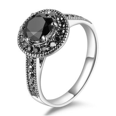 Mytys Retro Vintage White Gold Plated Black Marcasite Crystal Fashion Dome Rings