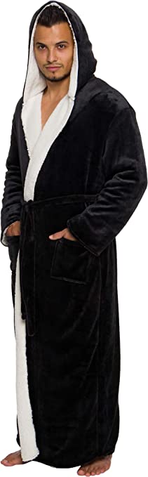 Ross Michaels Mens Sherpa-Lined Hooded Long Bathrobe - Full Length Luxury Plush Big & Tall Robe