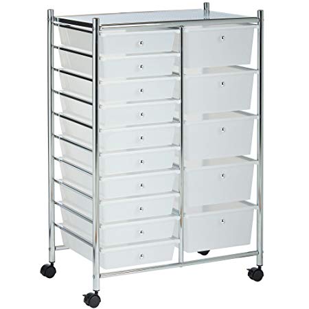 VonHaus 15 Drawer Storage Trolley | Home Office Supplies or Make-up & Beauty Accessories | White