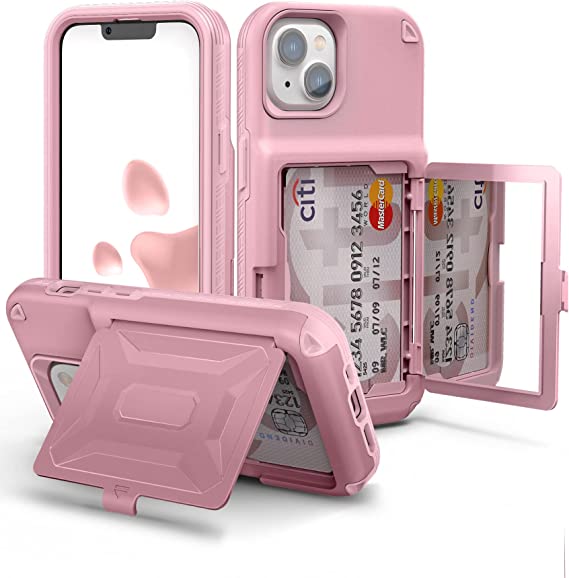 iPhone 14 Case for Women, Men- WeLoveCase Defender Credit Card Holder Cover with Hidden Mirror, Three Layer Shockproof Heavy Duty Protection Case for iPhone 14 6.1'' Pink