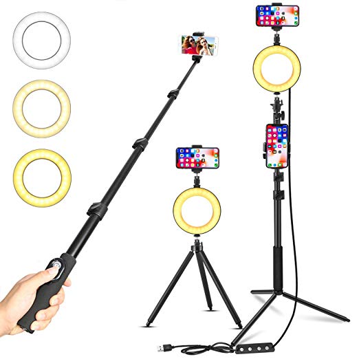 6″ Dimmable Ring Light with Tripod Stand & Phone Holder for Live Stream/Makeup, LED Ringlight for YouTube Video, Portable Selfie Stick/Phone Tripod with Remote Control, Compatible with iPhone Android