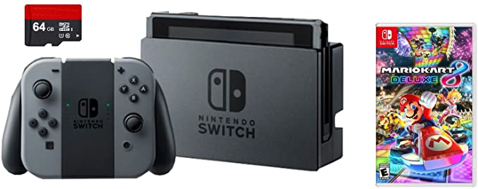 Nintendo Switch 3 items Bundle:Nintendo Switch 32GB Console Gray Joy-con,64GB Micro SD Memory Card and Mario Kart 8 Deluxe