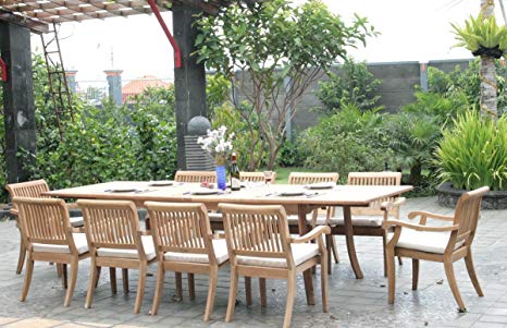 New 11 Pc Luxurious Grade-A Teak Dining Set - Large 117" Rectangle Table and 10 Stacking Arbor Arm Chairs #WHDSABn