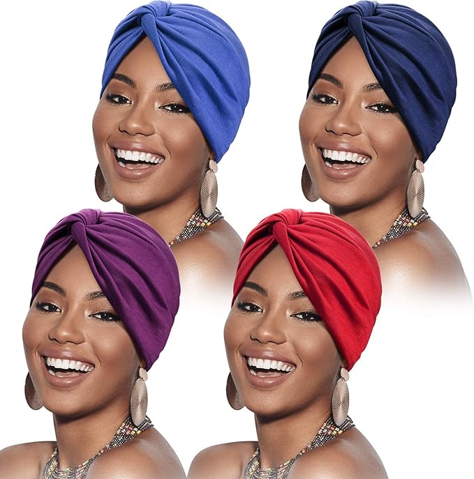 SATINIOR 4 Pieces Turbans for Women Soft Pre Tied Knot Fashion Pleated Turban Cap Beanie Headwrap Sleep Hat, 4 Colors