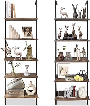 aboxoo Ladder Shelf Open Bookshelf 5-Tier Wall-Mounted Wood Bookcase Rack Open Back Industrial Modern Plant Flower Stand Utility OrganizerMetal Frame Furniture Office Kitchen Bedroom (Brown 2pc)