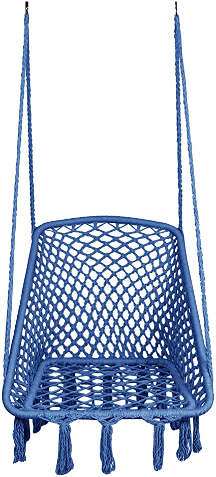 LAZZO Square Hammock Chair Hanging Knitted Mesh Cotton Rope Macrame Swing, 260 Pounds Capacity, 28" 22.8" Seat Width,for Bedroom, Outdoors, Garden, Patio, Yard. Child, Girl, Adult (Indigo)