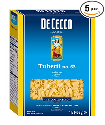 De Cecco Semolina Pasta, Tubetti No.62, 1 Pound (Pack of 5)