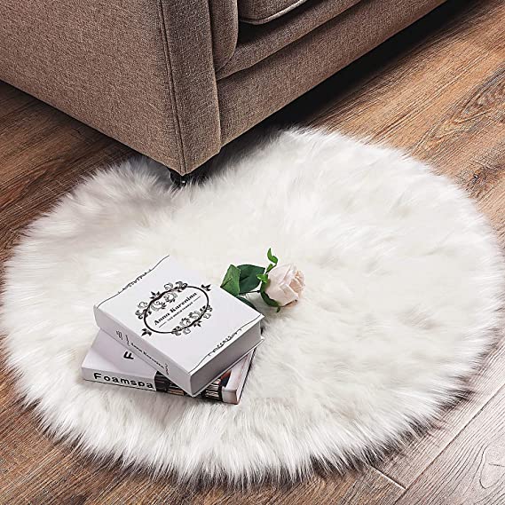 Faux Fur Area Rug White Round Rug Decorator Carpets Kids Play Rug Soft Fluffy Rugs Bedroom Furry Carpet for Living Room Floor Girls Room Sofa Home Decor Carpet, 2.6 x 2.6 ft