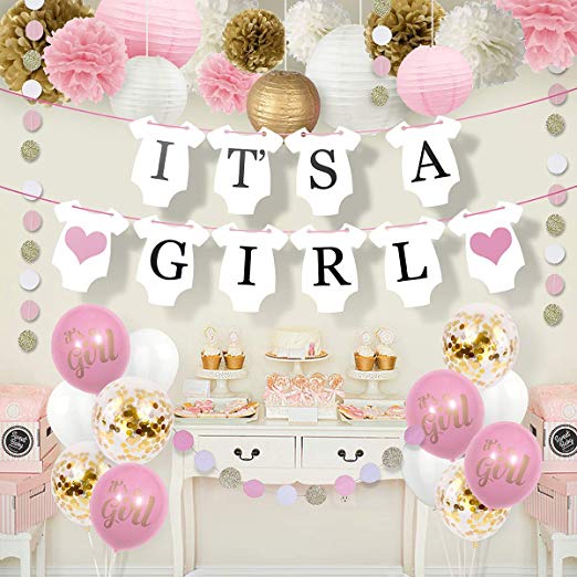Sweet Baby Co. Baby Shower Decorations For Girl With It's A Girl Banner, Paper Lanterns, Paper Flower Pom Poms, Confetti Balloons, Paper Garland (Pink, Gold and White)