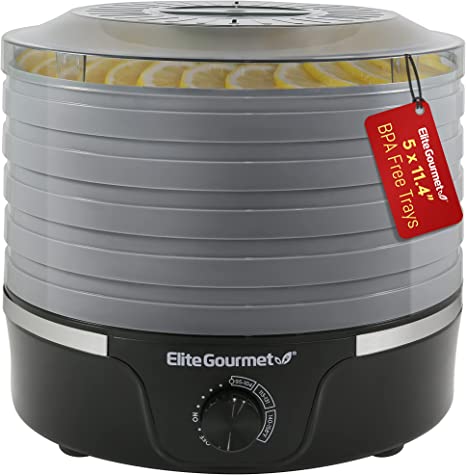 Elite Gourmet EFD319BNG Food Dehydrator, 5 BPA-Free 11.4" Trays Adjustable Temperature Controls, Jerky, Herbs, Fruit, Veggies, Dried Snacks, Black and Grey