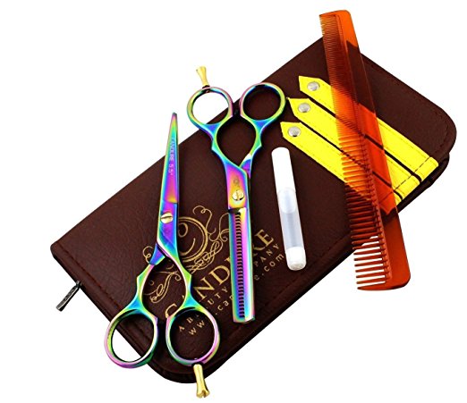 Professional Hairdressing Barber Hair Cutting Thinning Razor Scissors set 5.5", New Black with white jewels on Screw Plus Scissors Pouch/Case