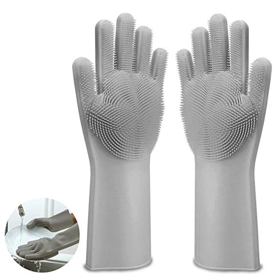 Magic Silicone Gloves, Kitchen Gloves - Magic Silicone Dishwashing Gloves - Silicone Scrubber Rubber Gloves with Brush, Ideal for Dishwashing/Kitchen/Car/Bathroom/Clean Pet Hair Care