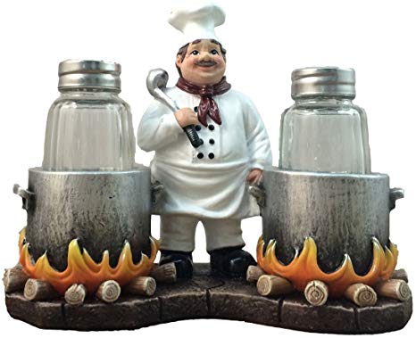 Standing French Chef With Flaming Pots Decorative Salt And Pepper Shaker by DWK | Country Cottage And Gourmet Kitchen Decorative Collectible Decor