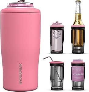 Hydrapeak 4-in-1 Insulated Bottle and Can Cooler - Fits 12 oz Slim Cans, Standard 12 oz Cans, and 12oz Beer Bottles | Stainless Steel Double Wall Vacuum Insulated Universal Can Cooler (Bubblegum)